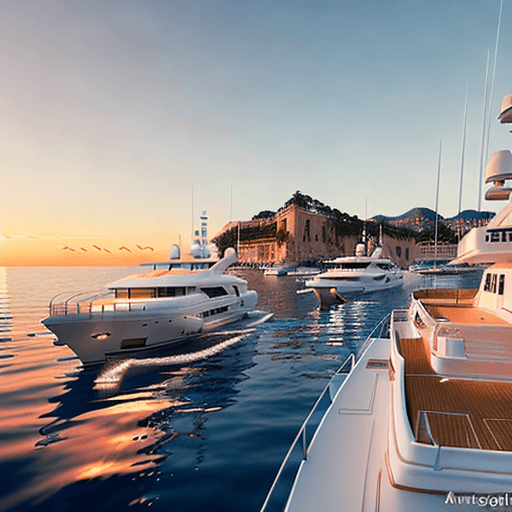 AI generated: 2 white yachts in Monaco sunrise, One yacht specifically shows title: WORK HARD, another yacht speci...