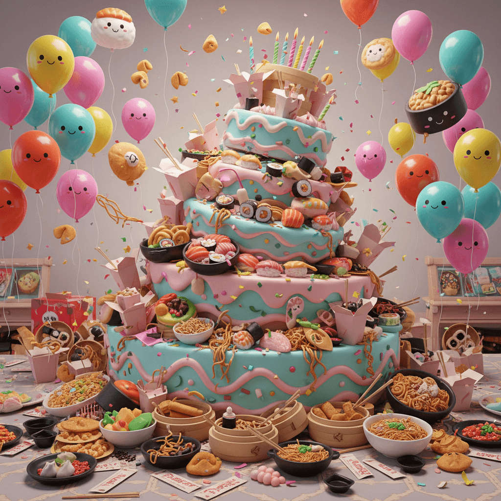 AI generated: create a funny birthday related 3D image with a birthday cake and lots of asian food, lots of ballon...