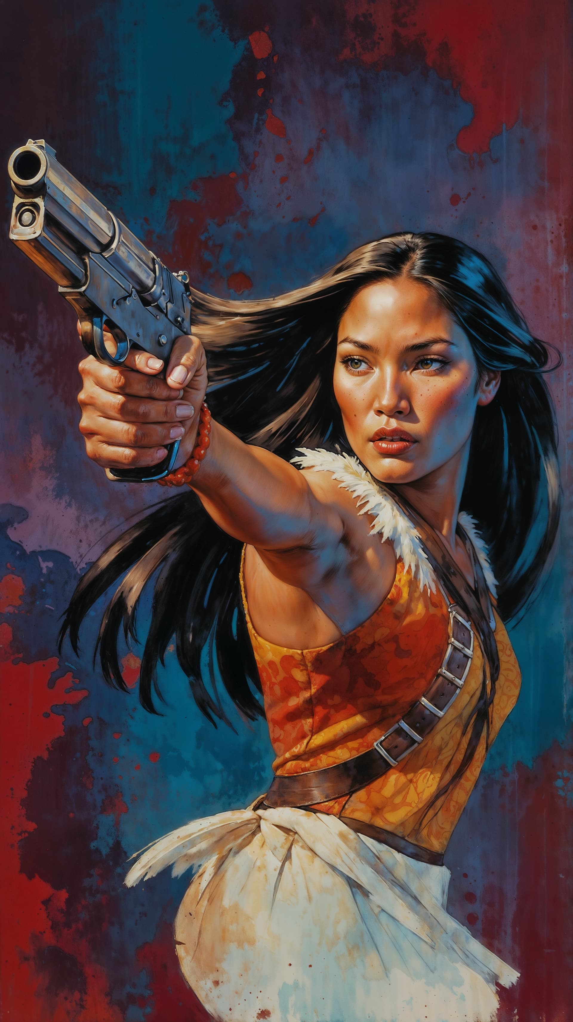 AI generated: A captivating and dynamic portrayal of Pocahontas as a fierce femme fatale, wielding a pair of intri...