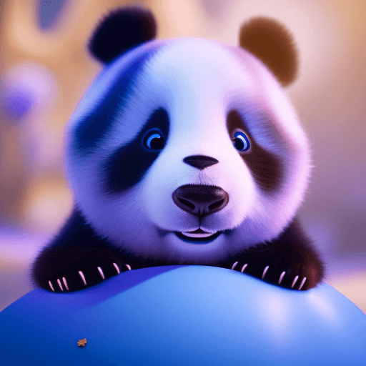 AI generated: A still from a 3d Disney movie of a very cute little baby panda with light blue and purple fur at a ...