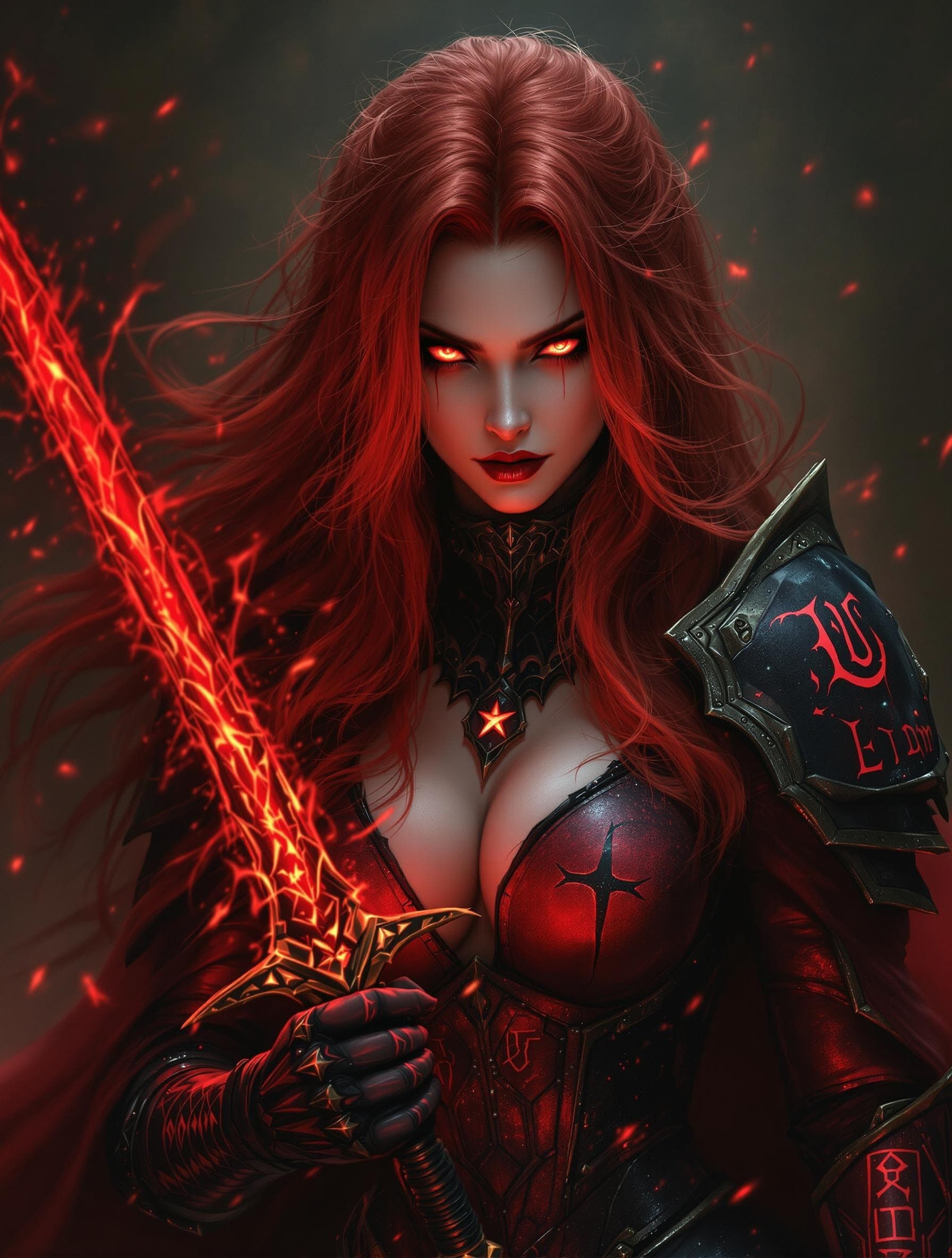 AI generated: A crimson-haired sorceress stands before me, her fiery locks and blazing eyes piercing through the d...