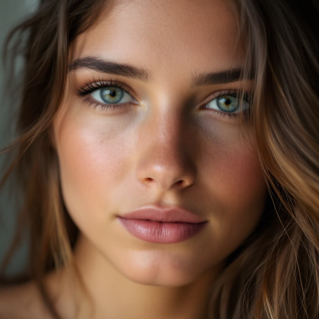 AI generated: Close up portrait of a female, British, 21 years old, fit body, buxom, long brown hair, athletic, 5f...