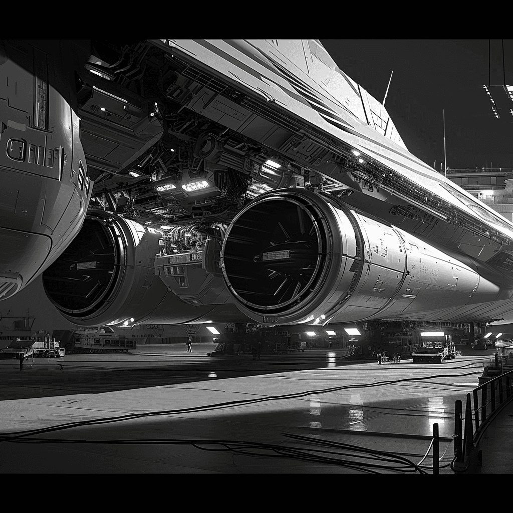 AI generated: sketches, blueprint of futuristic, sci fi, hyperdrive engines, repair, matter and anti matter holdin...