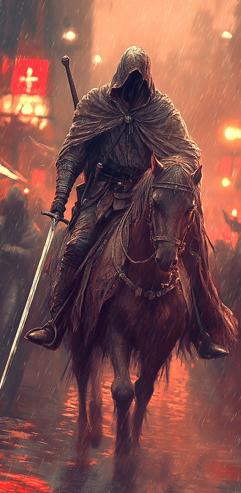 AI generated: a dark knight on horseback with long sword, in the style of fantasy art, dark and rainy background, ...
