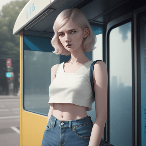 AI generated: a woman wearing a cropped top and jeans standing in front of the bus stop, in the style of Oleg Opri...