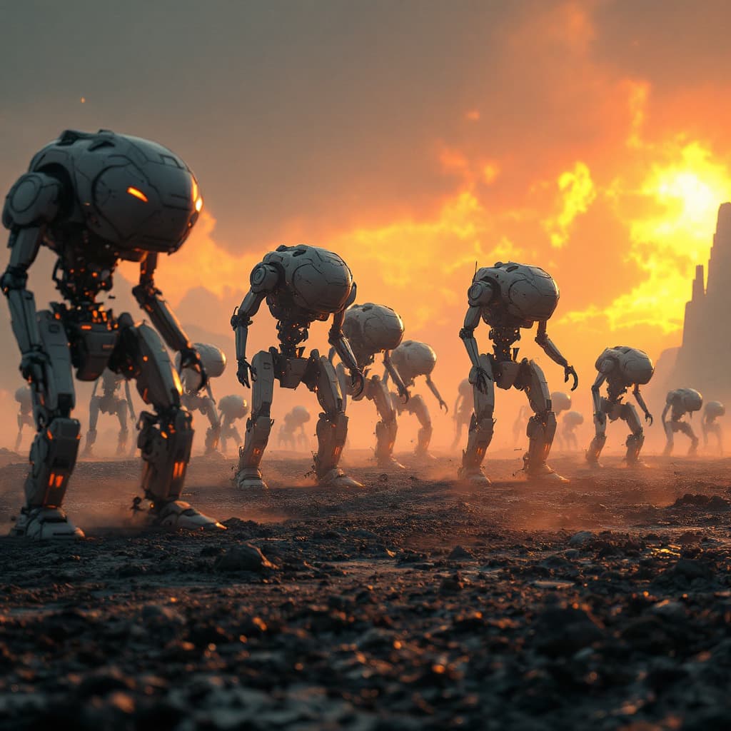 AI generated: The futuristic world war is starting and now the field is cover by a multitude of robot