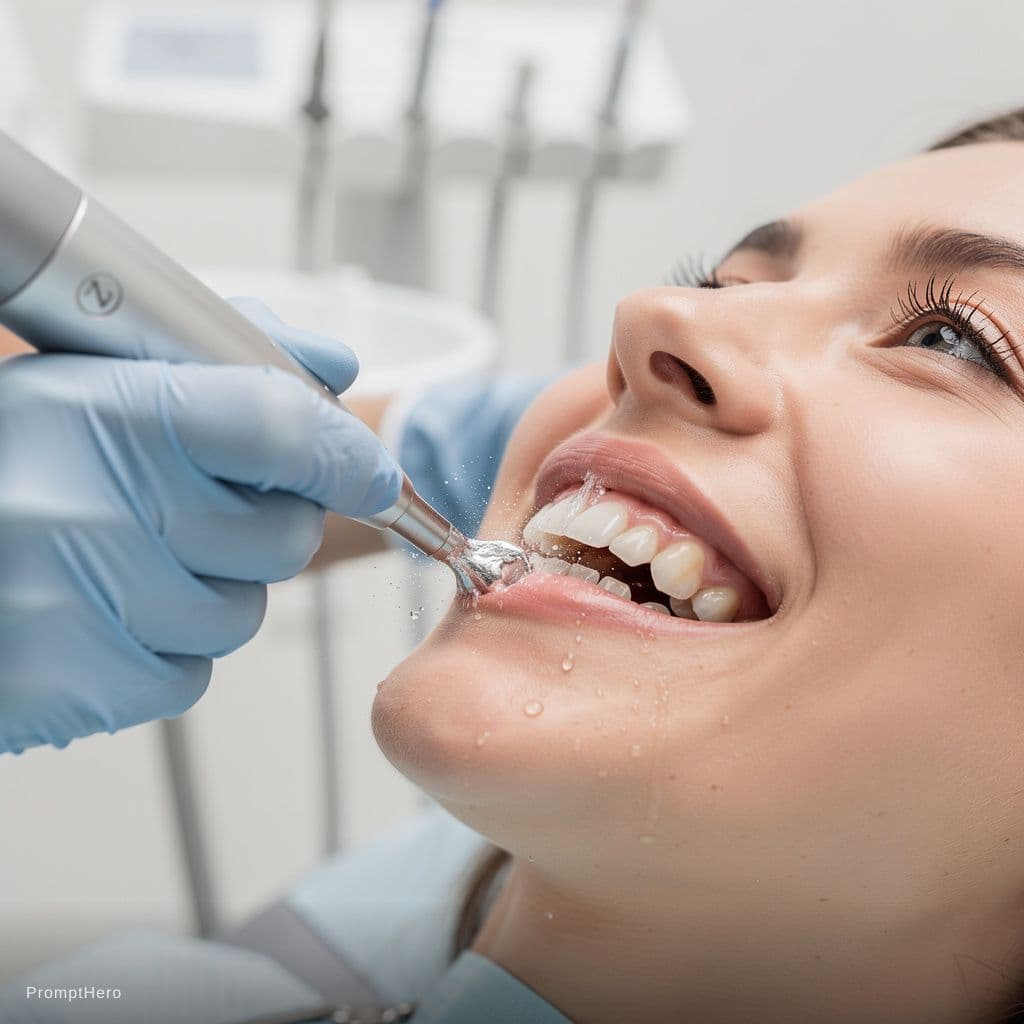 AI generated: Close-up realistic dental cleaning procedure, dentist removing tartar using ultrasonic scaler, patie...
