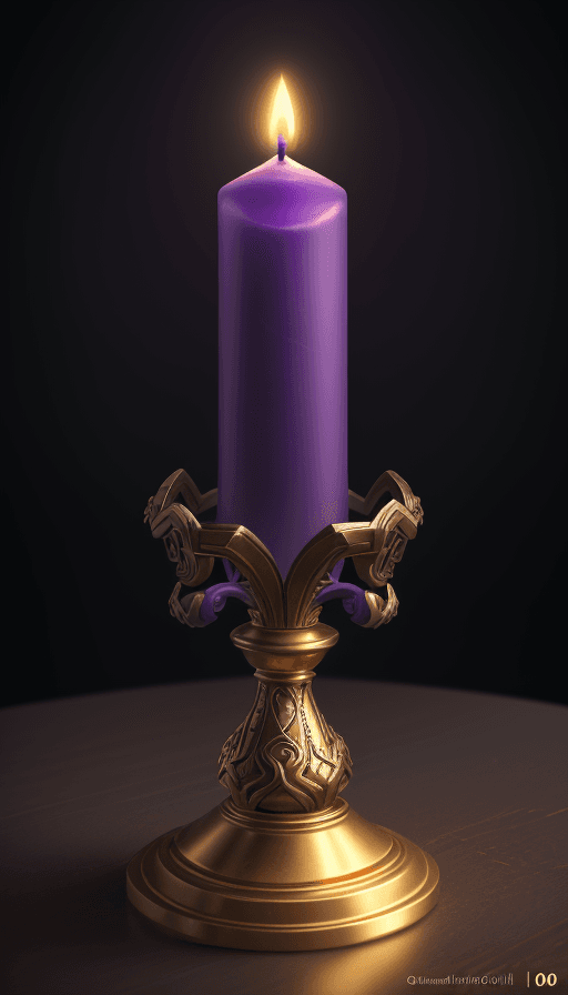 AI generated: Candle on the table with the design and character of Thanos The Candle is gold and Purple dark, no w...