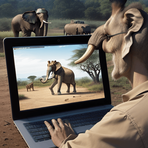 AI generated: friendly atmosphere, elephant exploring an abstract software infrastructure, dashboard in the backgr...