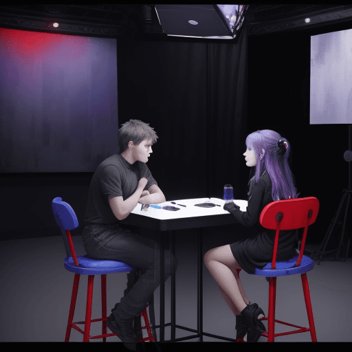 AI generated: A girl and a guy are sitting , there is a red button on the table ,they are in the video studio,the ...