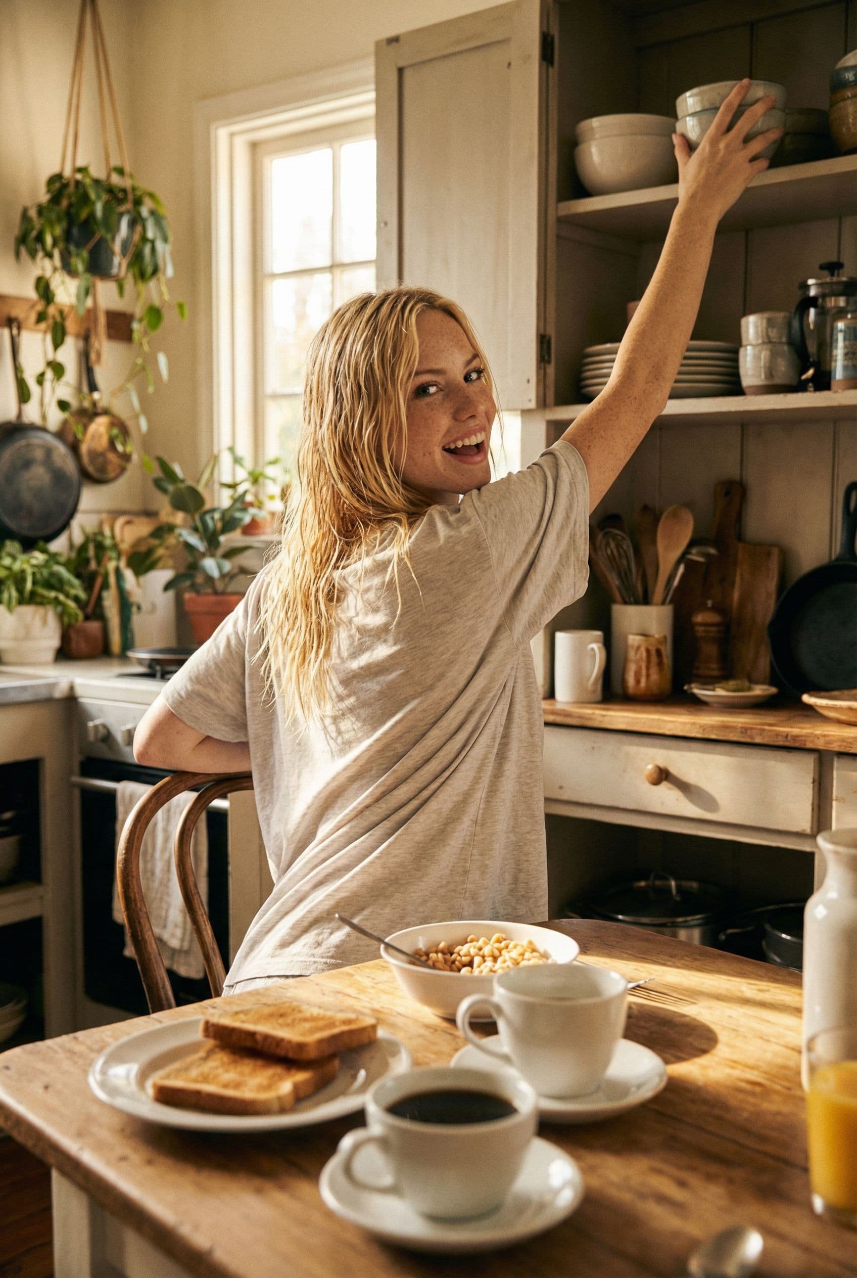 AI generated: Ultra-realistic cinematic morning kitchen scene. 
the uploaded  woman, sparsely dressed, wet hair, ...