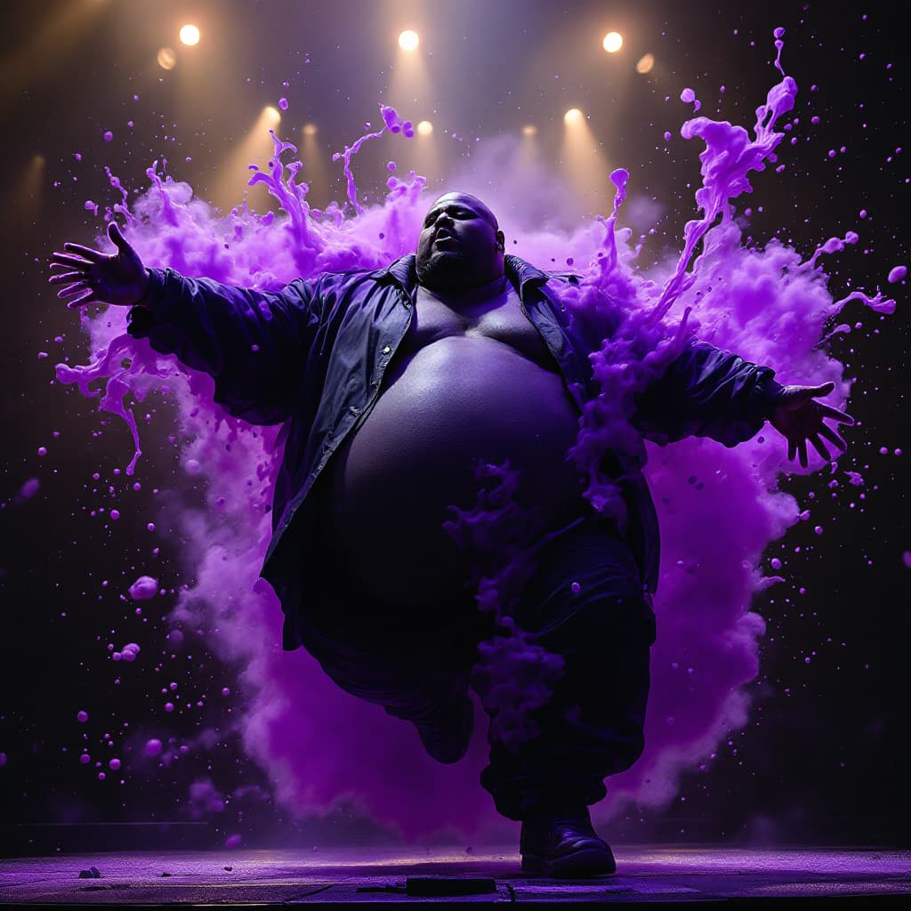 AI generated: dave blunts a big very very fat bald black rapper turning purple whilst floating on a stage of a con...