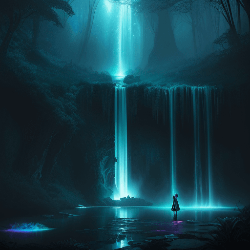 AI generated: soft teal spectral glow, gloomy midnight fae realm, rainbow springs with infinite waterfalls where d...