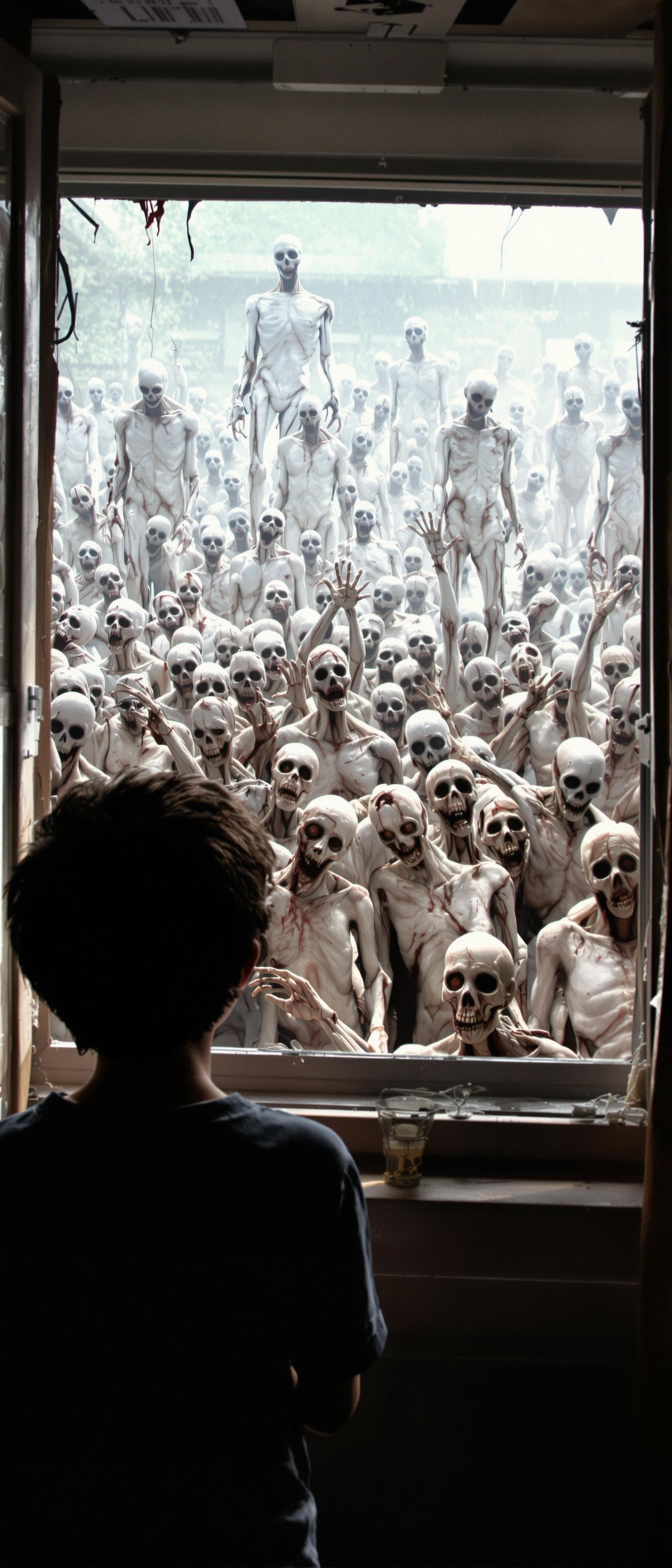 AI generated: A boy looking from a window at daylight and sees many walking dead people . Their body are fleshy  ....