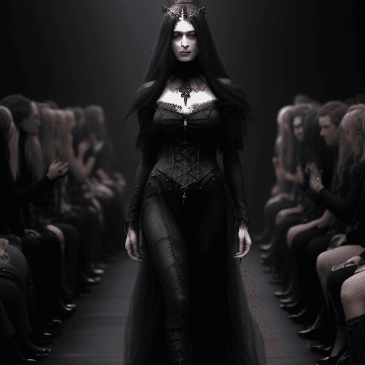 AI generated: 
A 23-year-old mysterious and pagan witch model walking down a runway in a gothic, dimly lit environ...