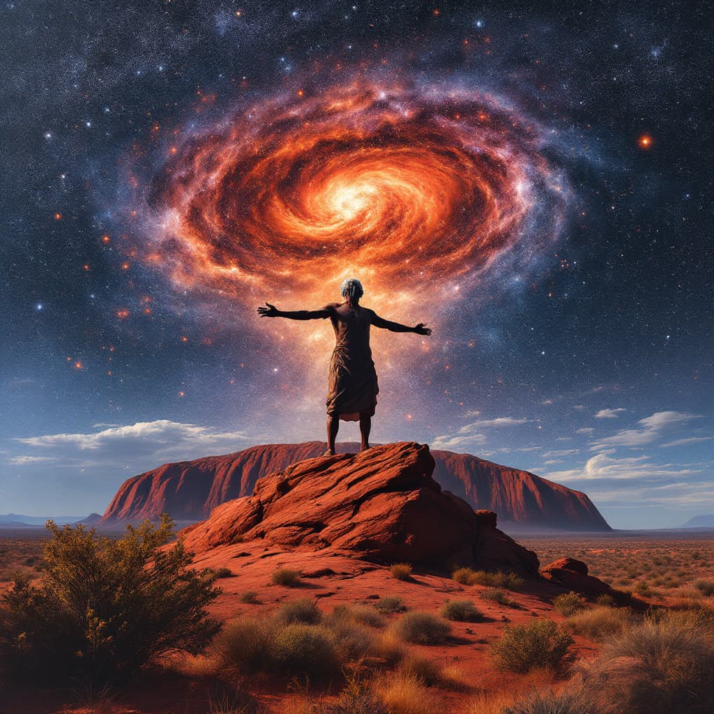 AI generated: uluru, transforming into an old man rising to his feet, rock and bushes falling off him, night, univ...
