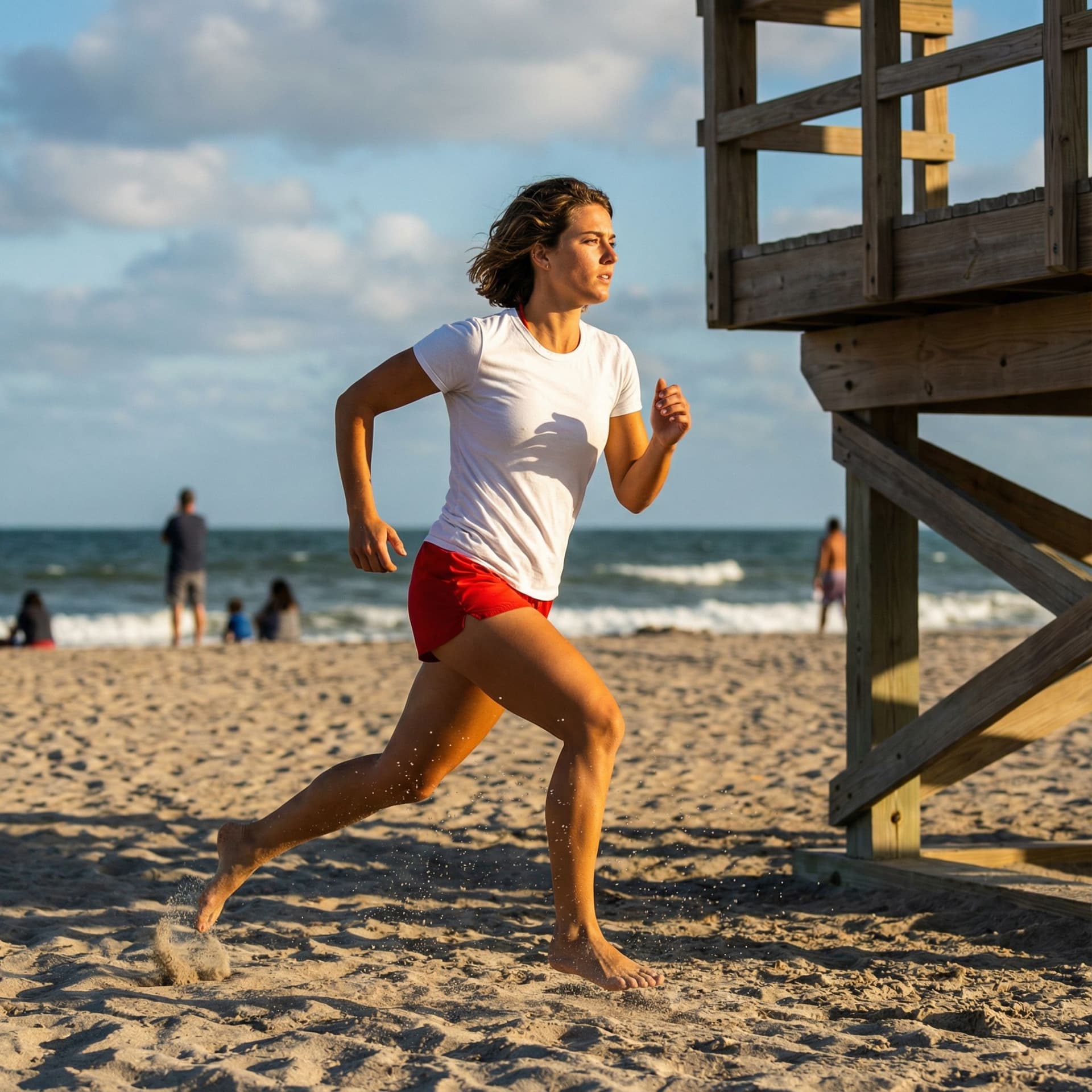 AI generated: 1girl, (full body), (action shot), (dynamic pose), (a girl as a lifeguard wearing a plain white shir...