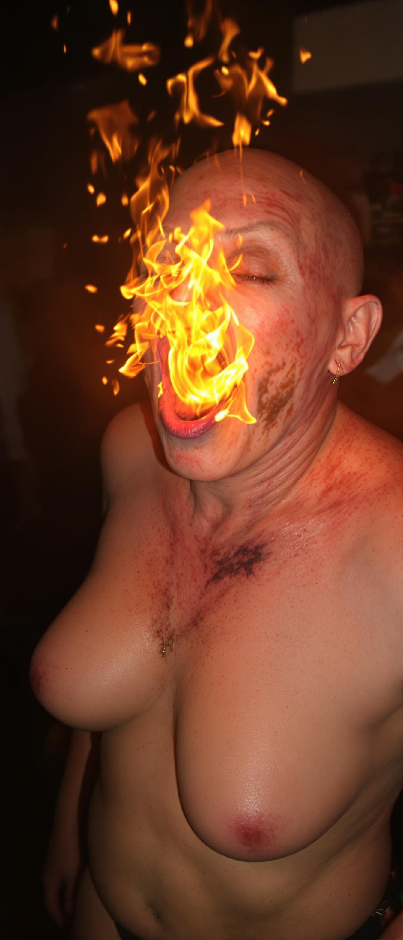 AI generated: An ugly face woman with ugly body  dancing in a party with fire from her mouth  . She is bald . She ...