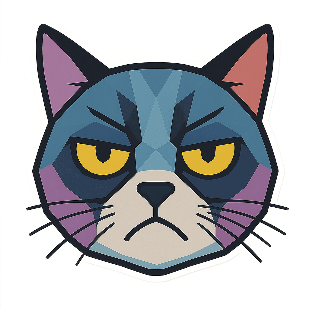 AI generated: A centered limited color (max 4 colors) geometric flat shapes drawing of a grumpy cat head in minima...