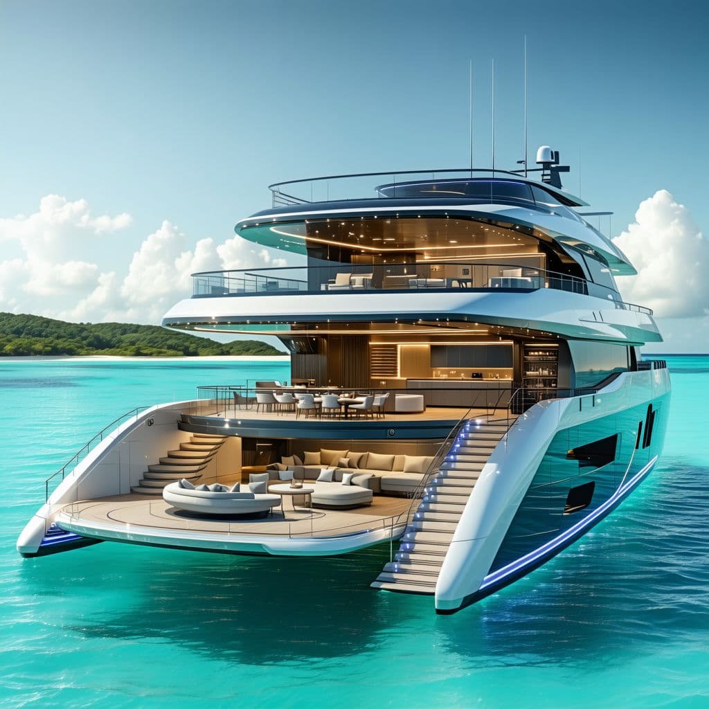 AI generated: Create a futuristic 75-foot power catamaran design with large open windows showcasing a luxurious in...