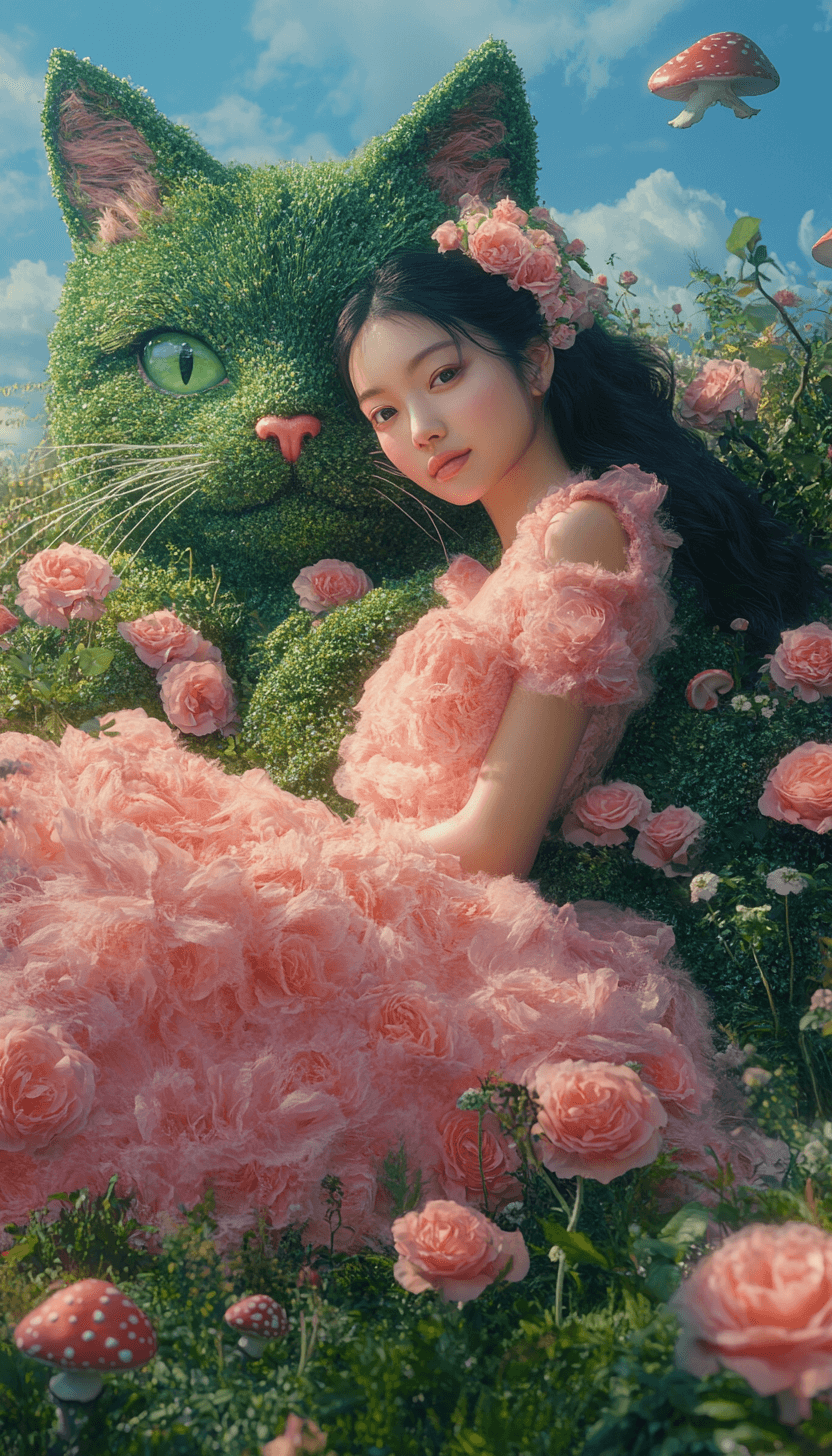 AI generated: A photograph of an Asian woman in a pink dress, posing with her hand on the backside of a giant cat-...