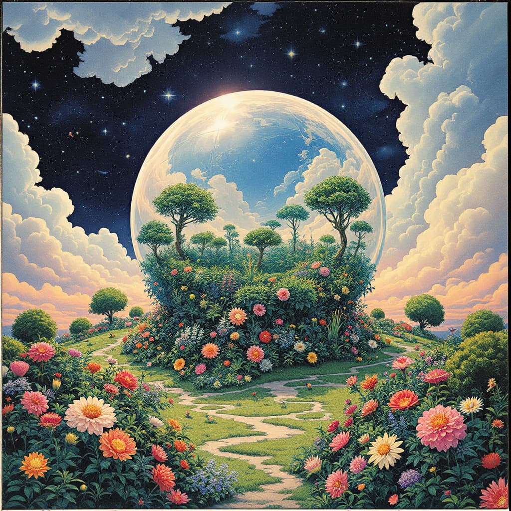 AI generated: An illustration of an album cover for the group Pet Shop Boys, a setting showing a heavenly garden e...
