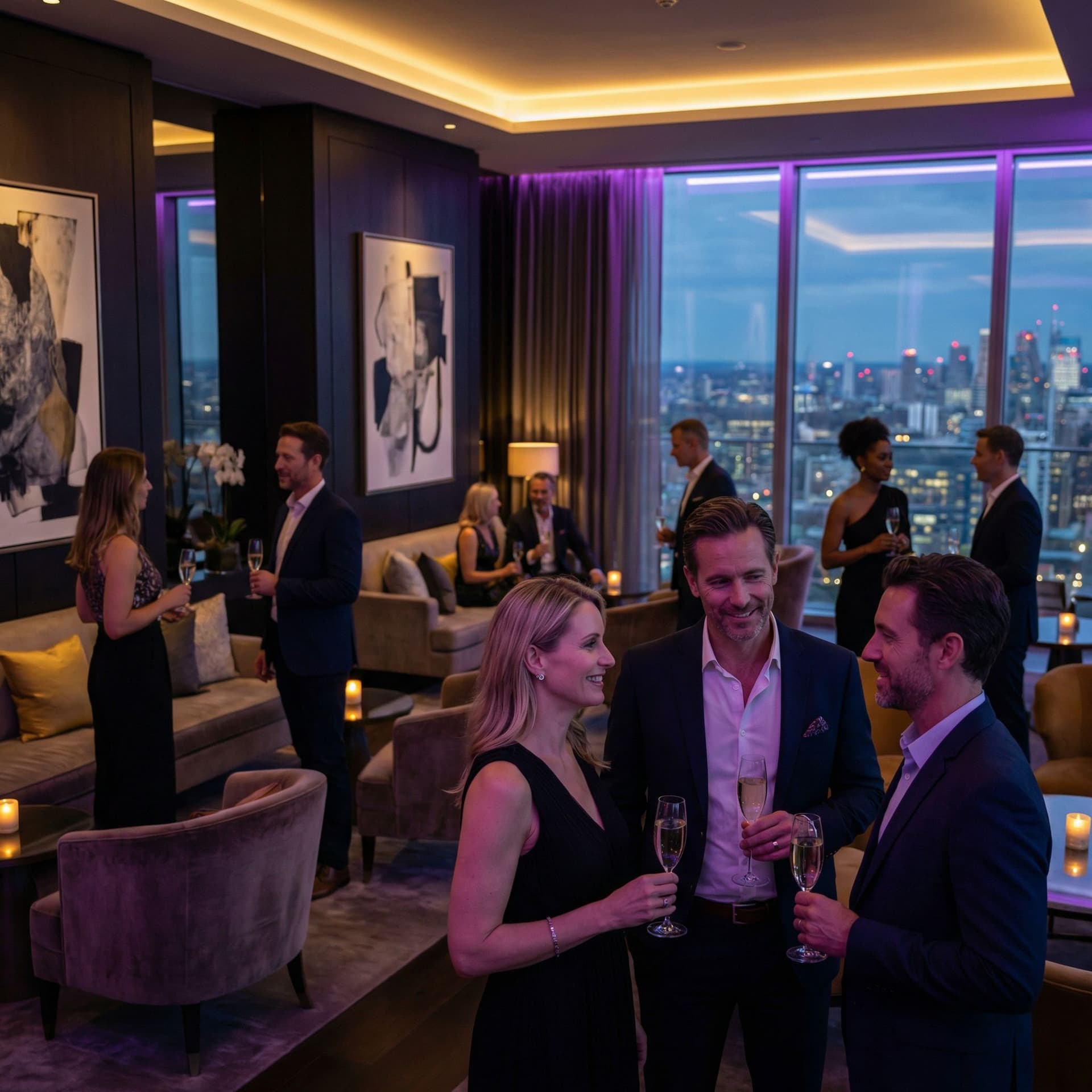 AI generated: An exclusive adults-only private party in a luxurious modern penthouse, warm ambient lighting with s...