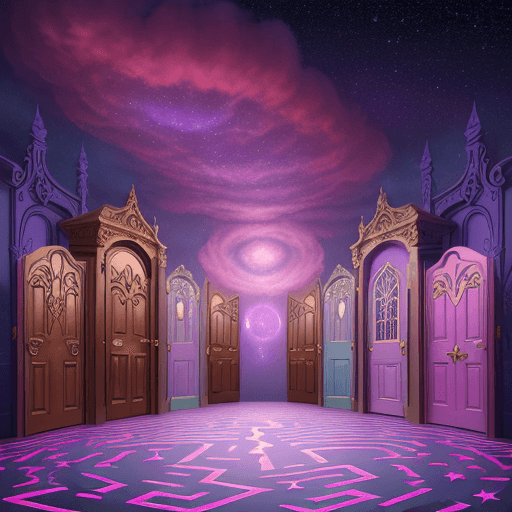 AI generated: A dream manifested as an intricate maze of colorful doors floating in the air. Each door represents ...