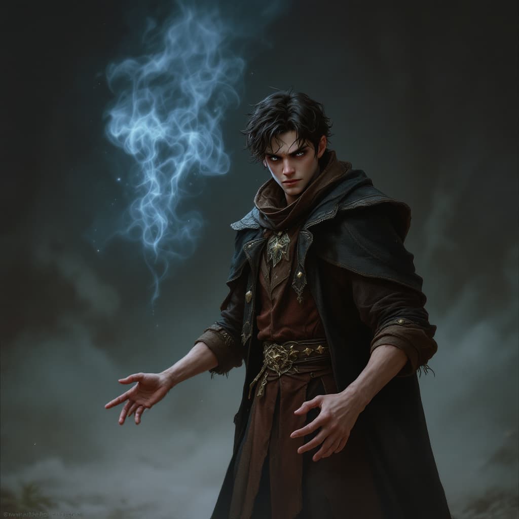 AI generated: Character from a fantasy novel.  Conflicted young magician. knows he can conjure amazing things but ...