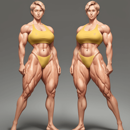 AI generated: big thick legs, wet, strong huge latissimus, muscle girl, short blond hair, wide hips, strong should...