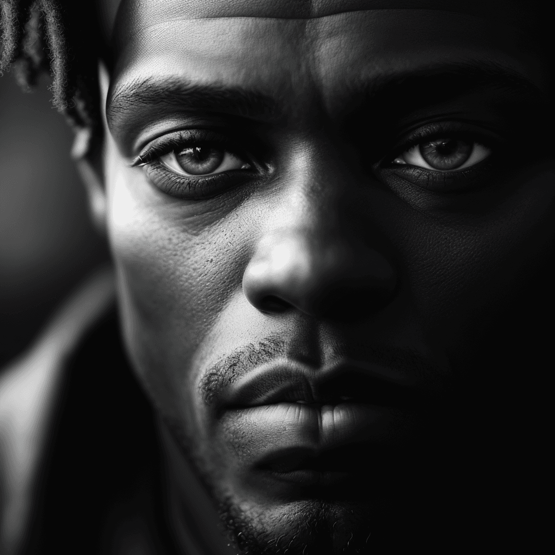 AI generated: wallpaper, high texture quality photo of black man, staring at camera, extreme close-up, black and w...