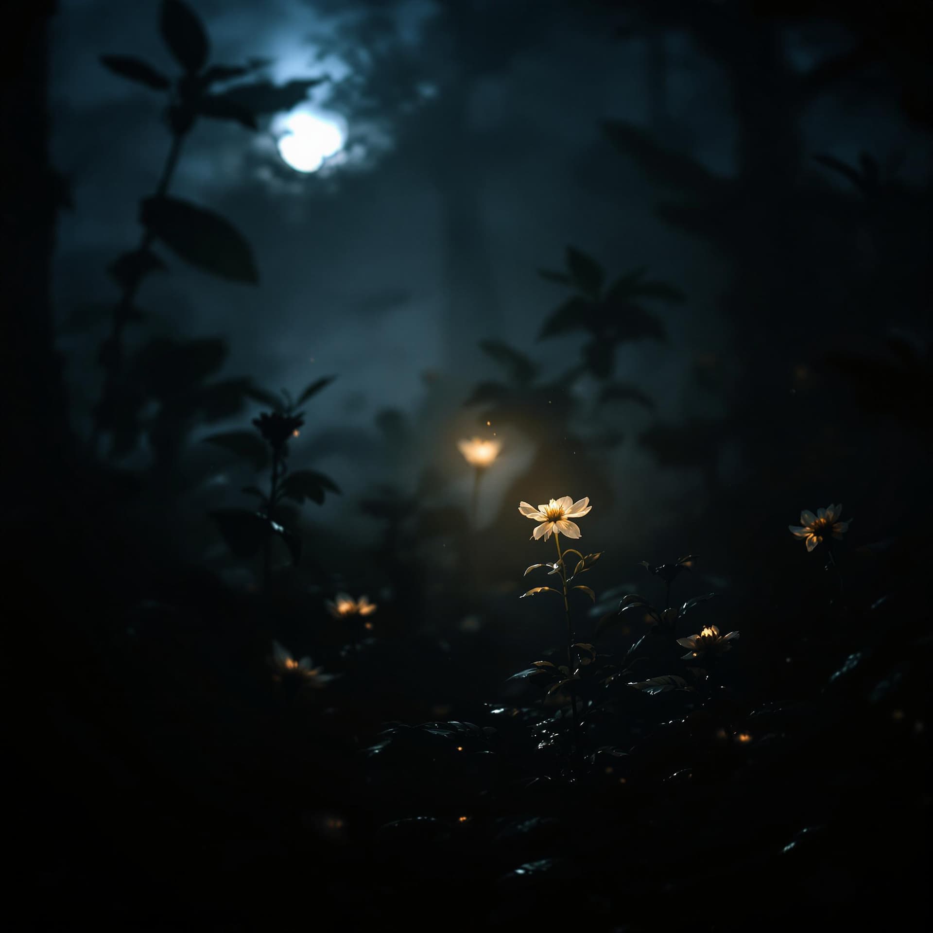 AI generated: A dark, moody shot of the flowers from Tamayubo’s garden. The camera slowly zooms in on a single flo...