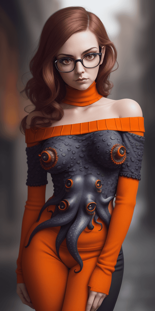 AI generated: 
professional portrait, gothic octopus, wearing glasses and an orange top, gorgeous figure, interest...