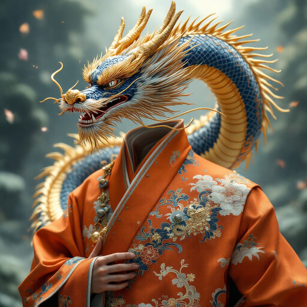 AI generated: orange kimono like vest with a blue gold dragon chinese style cinematic, hyper realism, high detail,...
