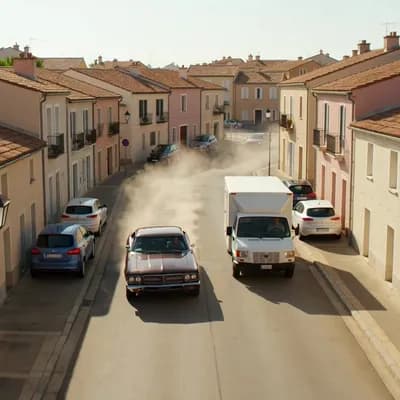 AI generated video: Aerial view of a high-speed car chase in broad daylight, a 1970 Ford Gran Torino with dark brown met...