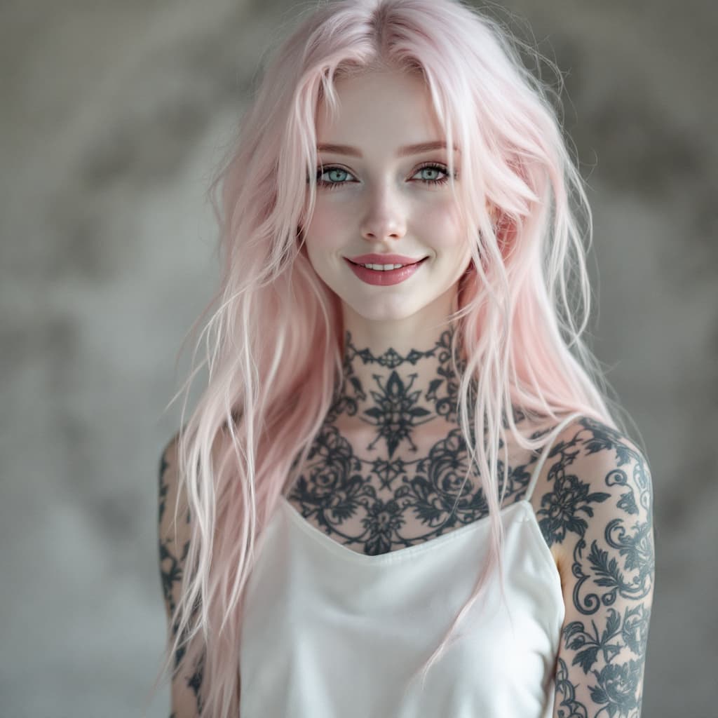AI generated: High resolution photography 8K of an anorexic tall and slender 25-year-old woman with long, pink hai...