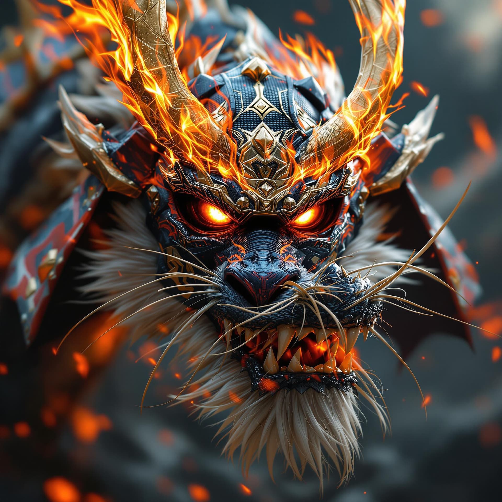 AI generated: samurai dragon, fiery eyes, tiger coloured helmet, close angle, 8k ultra realistic, photography ligh...