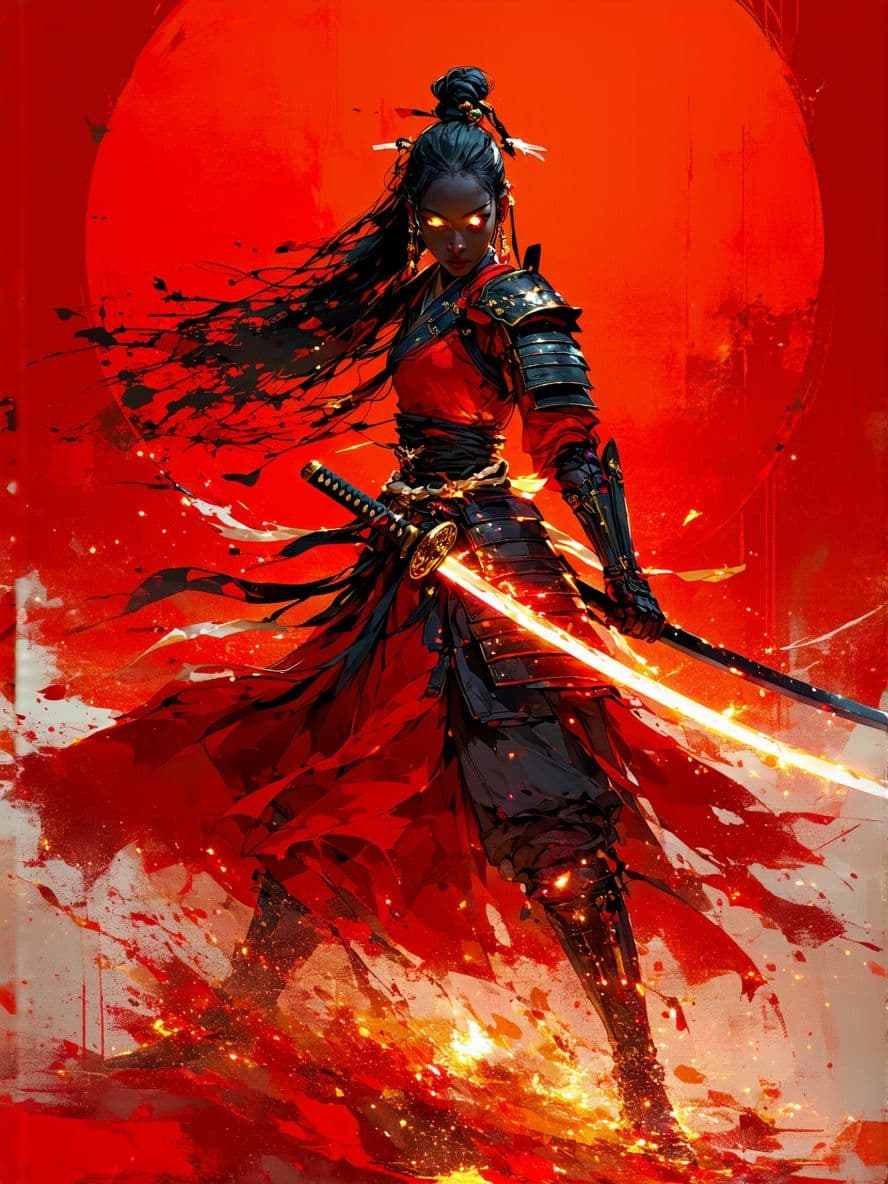 AI generated: A powerful anime-style female warrior, with dark skin, long flowing black hair, and intense glowing ...