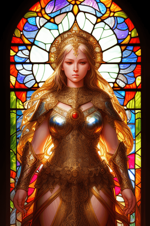 AI generated: Prompt stain glass window of goddess warrior, light shiny through, intricate, elegant, highly detail...