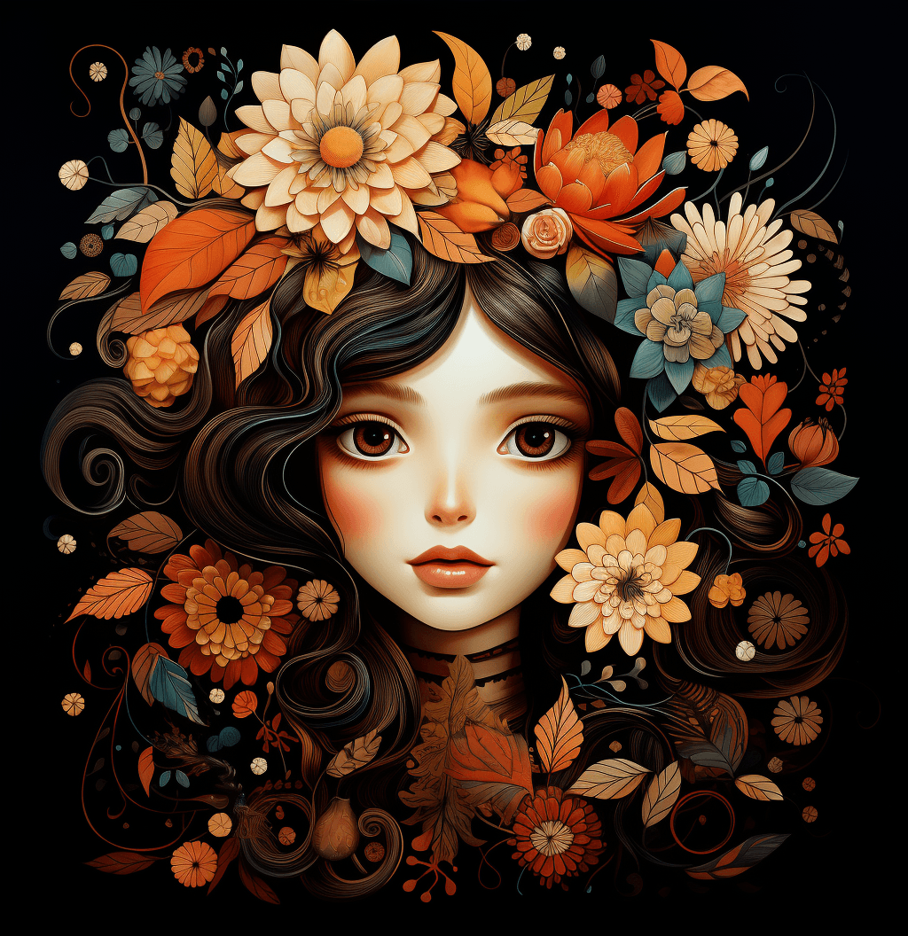 AI generated: illustrative beauty fall floral illustration on black background with a girl and leaves in her hair,...
