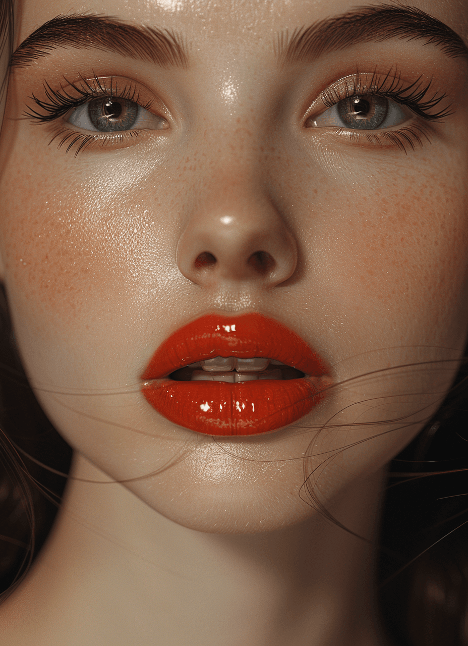 AI generated: A woman with red lipstick, in the style of soft and dreamy atmosphere, transparent/translucent mediu...