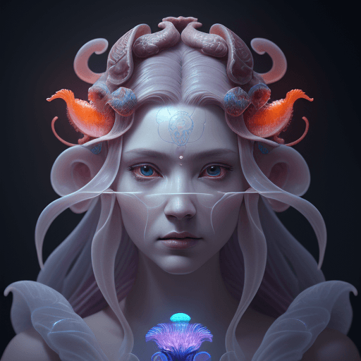 AI generated: Goddess close-up portrait ribcagel. jellyfish phoenix head, nautilus, orchid, skull, betta fish, bio...