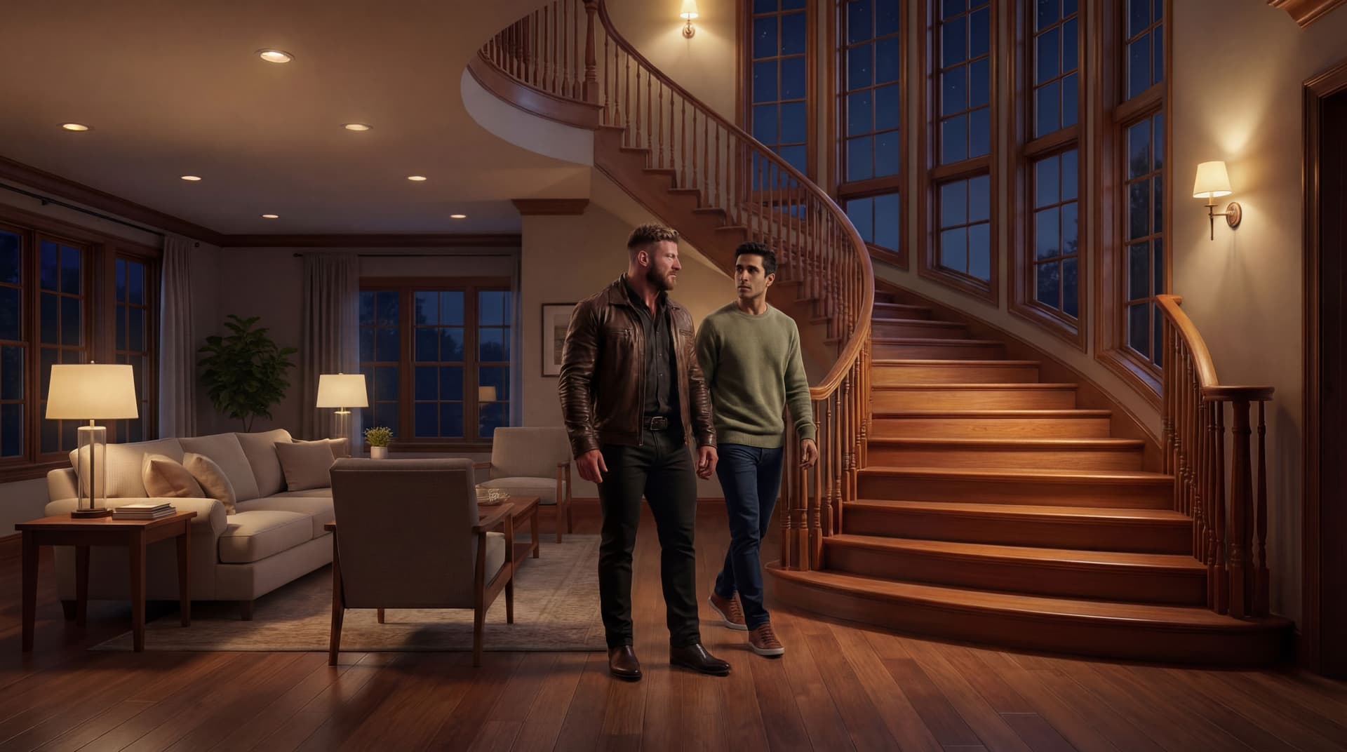AI generated: The scene is at night. The same house. The models are together walking through the living room about...