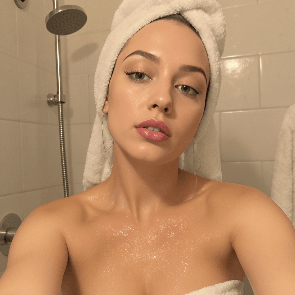 AI generated:  low quality phone photo, snapchat, front shot, upper body,in the bathroom, just out of shower, wet ...