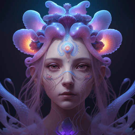 AI generated: Goddess close-up portrait ribcagel. jellyfish phoenix head, nautilus, orchid, skull, betta fish, bio...