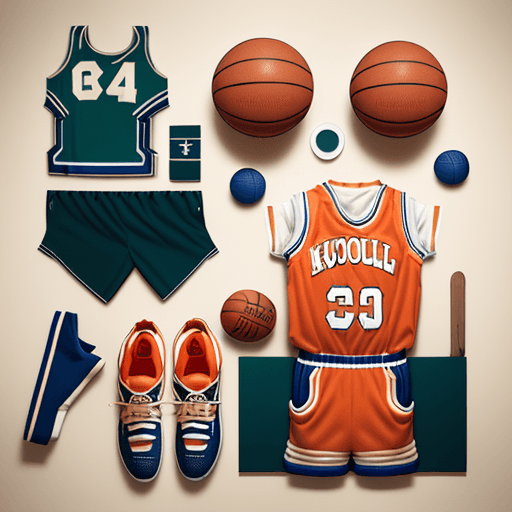 AI generated: a flat lay photography of vintage basketball outfit knolling :: Wes Anderson color palette, studio l...