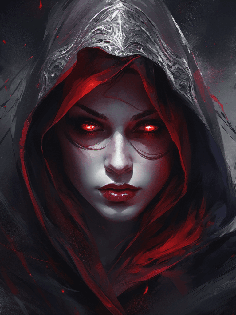AI generated: a demonic girl in a hood, red eyes, in the style of dark gray and red, matte painting, strong facial...