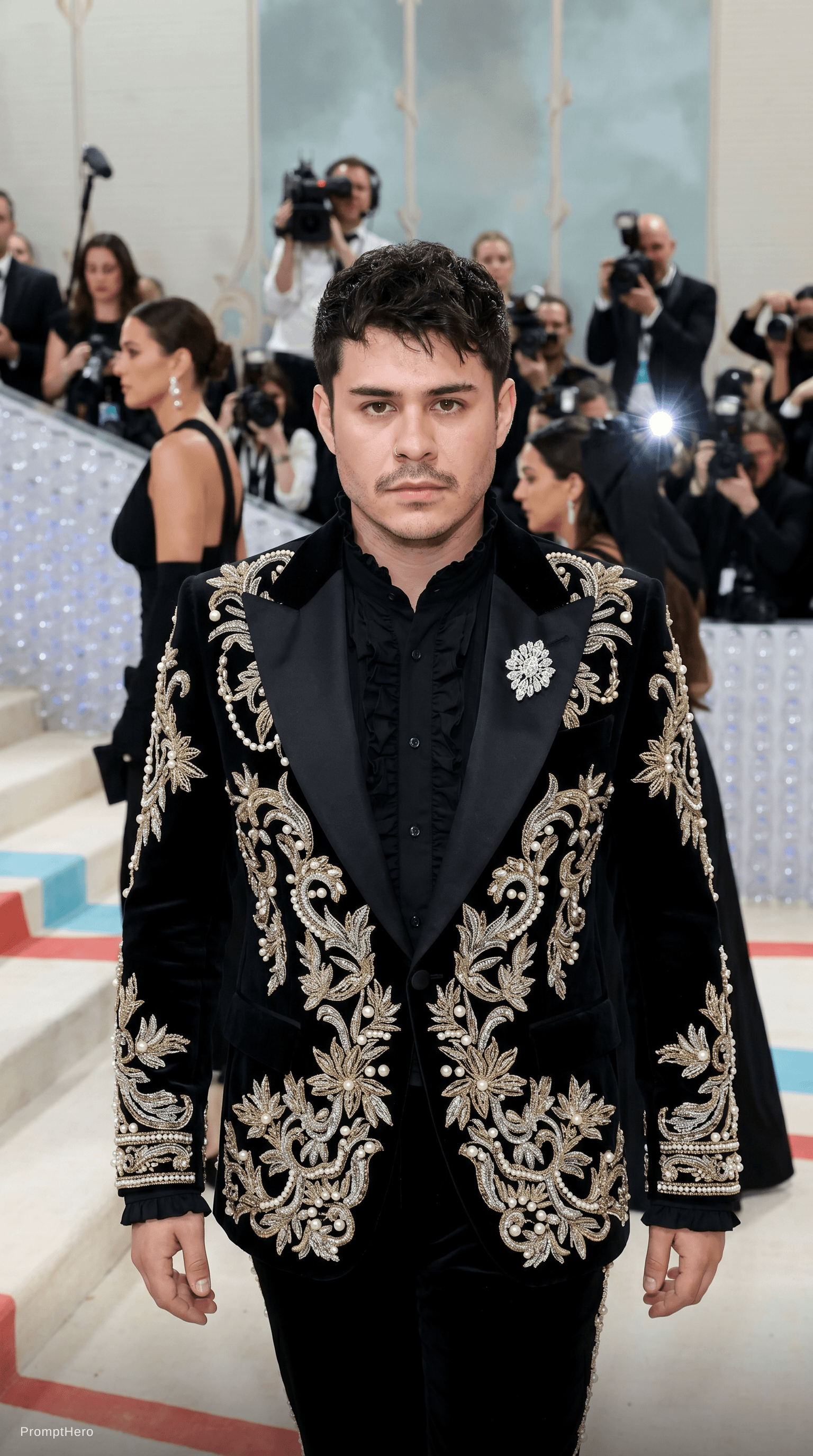 AI generated: Créame un outfit para el MET GALA y genérame una imagen mía en la gala realista, el outfit que mejor...