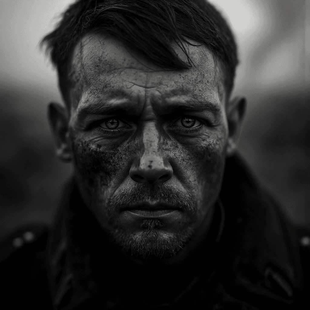 AI generated: A cinematic, hyperrealistic black-and-white tight portrait of a WW2 Russian soldier, seen straight a...