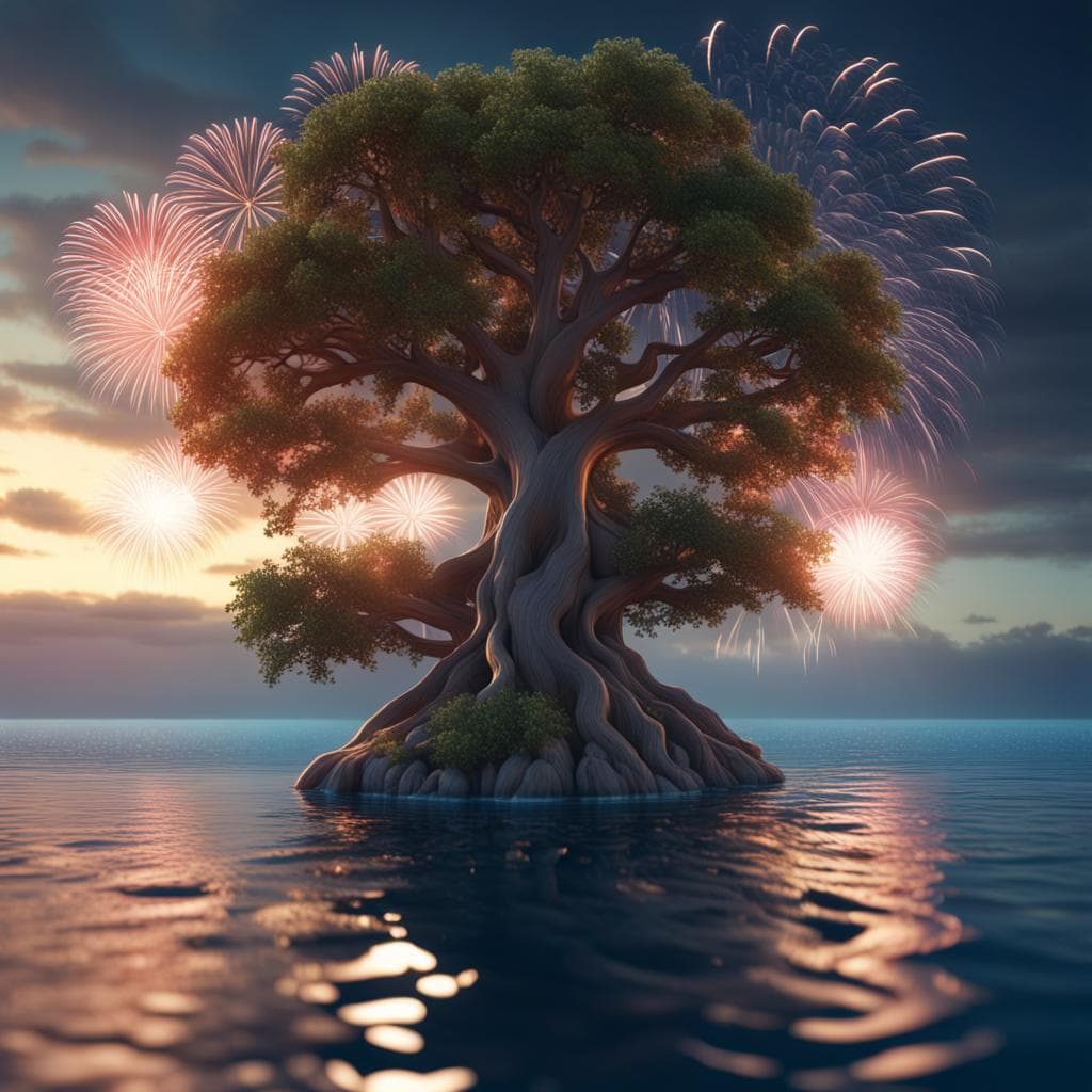 AI generated: a photorealistic award winning, perfect angle, lone tree on an island, middle of the ocean, celebrat...
